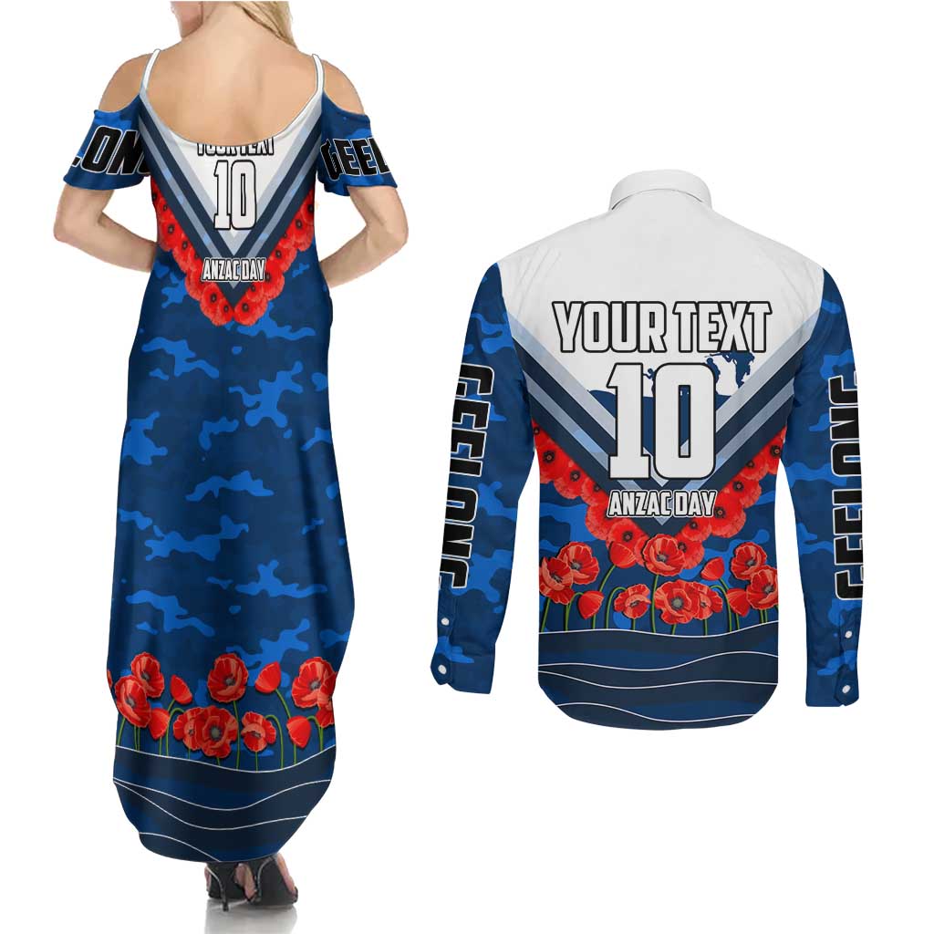 Personalised Geelong Cats ANZAC Couples Matching Summer Maxi Dress and Long Sleeve Button Shirt Military Remembrance Australian Football Mascot Camouflage