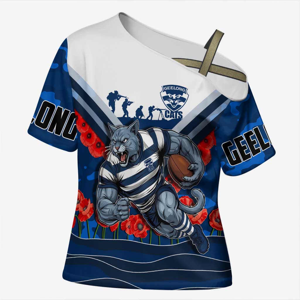 Personalised Geelong Cats ANZAC Cross Shoulder Shirt Military Remembrance Australian Football Mascot Camouflage