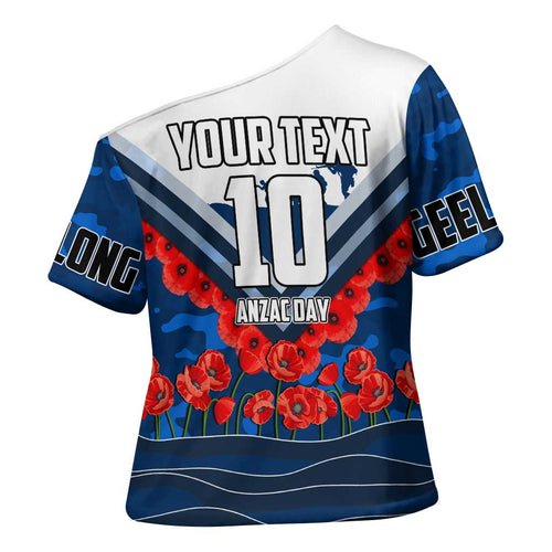 Personalised Geelong Cats ANZAC Cross Shoulder Shirt Military Remembrance Australian Football Mascot Camouflage