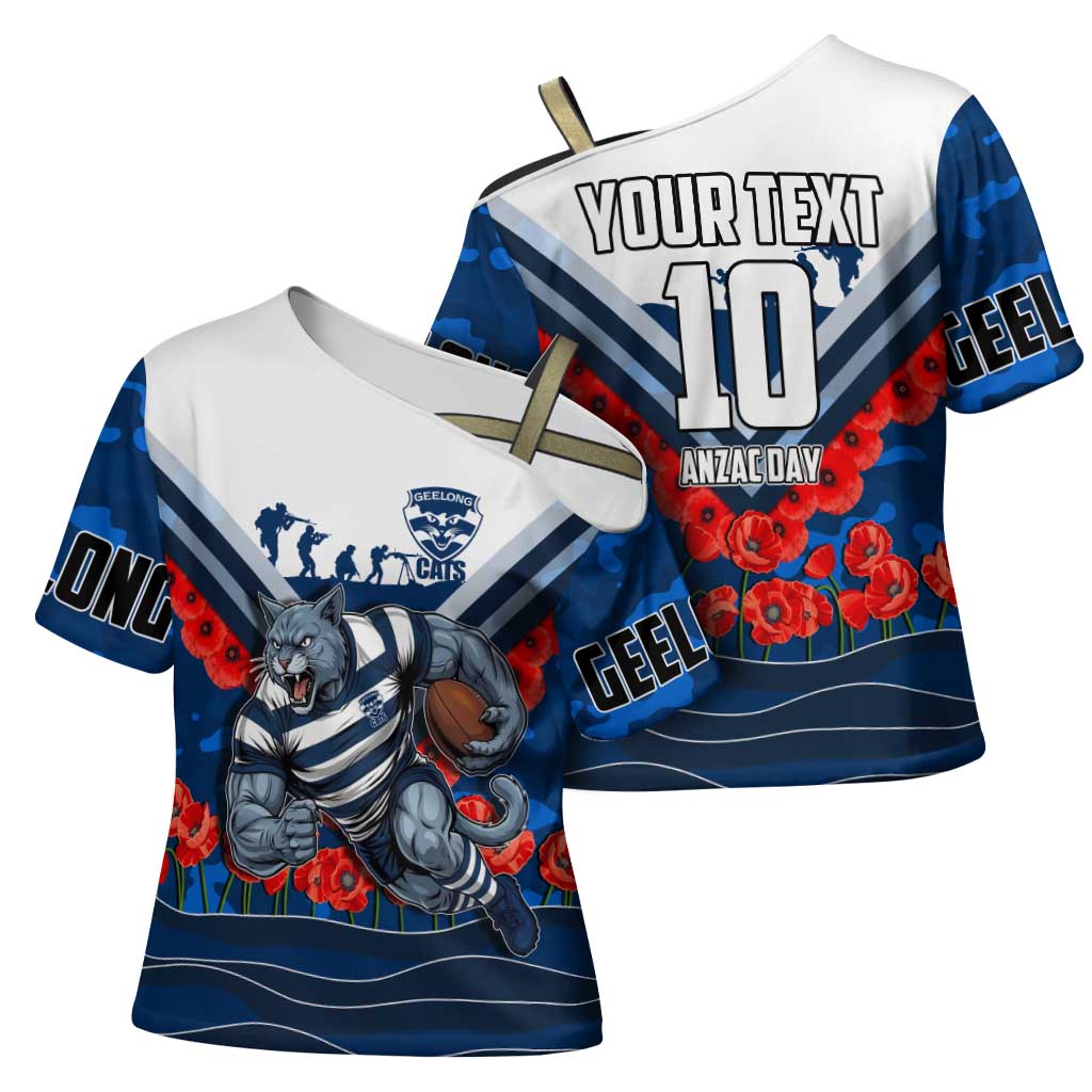 Personalised Geelong Cats ANZAC Cross Shoulder Shirt Military Remembrance Australian Football Mascot Camouflage