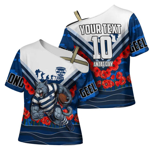 Personalised Geelong Cats ANZAC Cross Shoulder Shirt Military Remembrance Australian Football Mascot Camouflage
