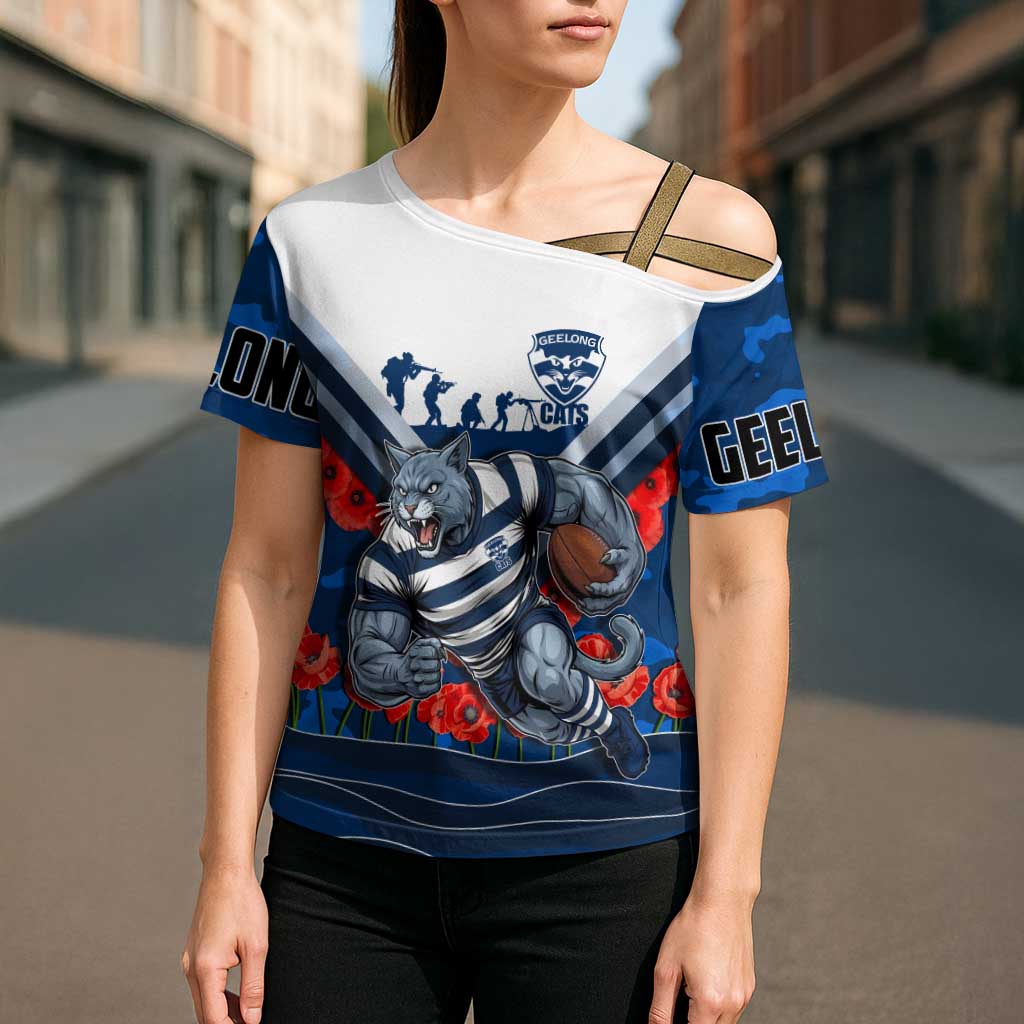 Personalised Geelong Cats ANZAC Cross Shoulder Shirt Military Remembrance Australian Football Mascot Camouflage
