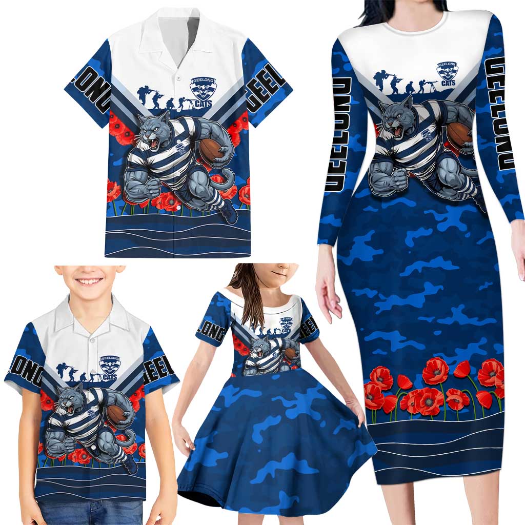 Personalised Geelong Cats ANZAC Family Matching Long Sleeve Bodycon Dress and Hawaiian Shirt Military Remembrance Australian Football Mascot Camouflage