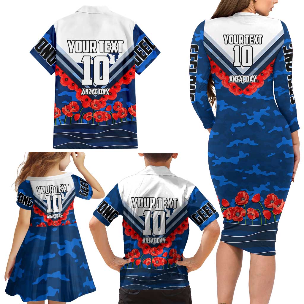 Personalised Geelong Cats ANZAC Family Matching Long Sleeve Bodycon Dress and Hawaiian Shirt Military Remembrance Australian Football Mascot Camouflage