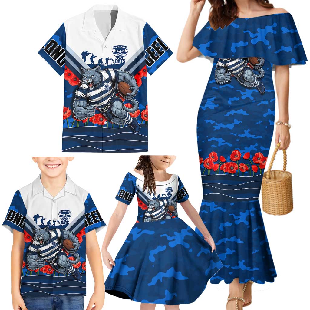 Personalised Geelong Cats ANZAC Family Matching Mermaid Dress and Hawaiian Shirt Military Remembrance Australian Football Mascot Camouflage