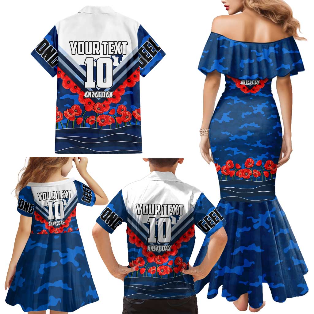 Personalised Geelong Cats ANZAC Family Matching Mermaid Dress and Hawaiian Shirt Military Remembrance Australian Football Mascot Camouflage