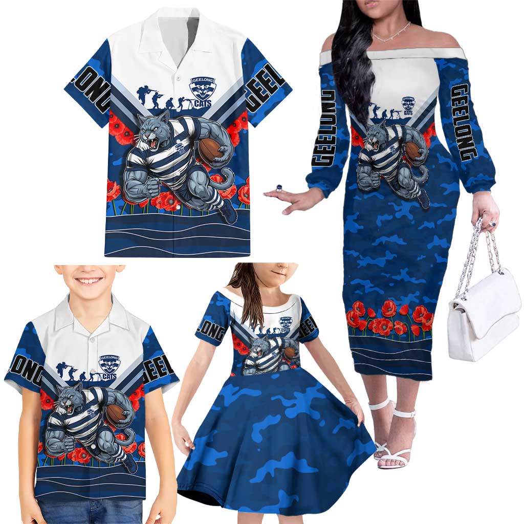 Personalised Geelong Cats ANZAC Family Matching Off The Shoulder Long Sleeve Dress and Hawaiian Shirt Military Remembrance Australian Football Mascot Camouflage