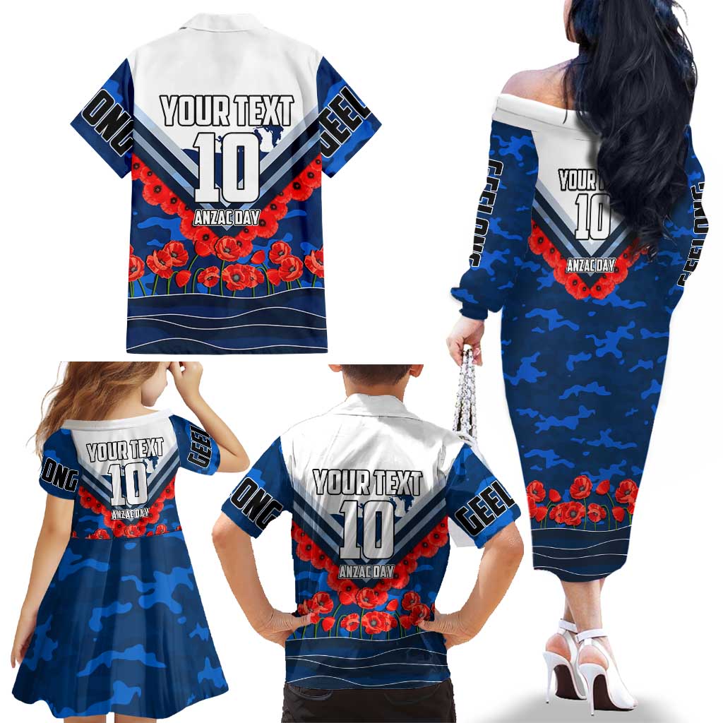 Personalised Geelong Cats ANZAC Family Matching Off The Shoulder Long Sleeve Dress and Hawaiian Shirt Military Remembrance Australian Football Mascot Camouflage