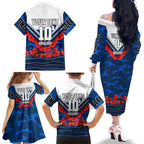 Personalised Geelong Cats ANZAC Family Matching Off The Shoulder Long Sleeve Dress and Hawaiian Shirt Military Remembrance Australian Football Mascot Camouflage