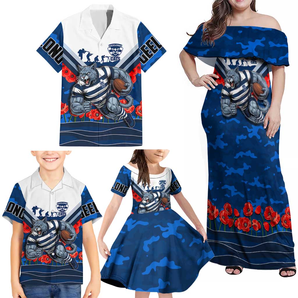 Personalised Geelong Cats ANZAC Family Matching Off Shoulder Maxi Dress and Hawaiian Shirt Military Remembrance Australian Football Mascot Camouflage