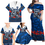 Personalised Geelong Cats ANZAC Family Matching Off Shoulder Maxi Dress and Hawaiian Shirt Military Remembrance Australian Football Mascot Camouflage