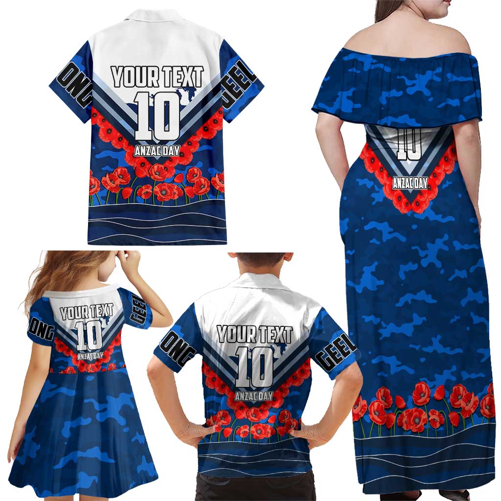 Personalised Geelong Cats ANZAC Family Matching Off Shoulder Maxi Dress and Hawaiian Shirt Military Remembrance Australian Football Mascot Camouflage