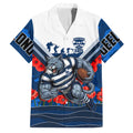 Personalised Geelong Cats ANZAC Family Matching Off Shoulder Maxi Dress and Hawaiian Shirt Military Remembrance Australian Football Mascot Camouflage