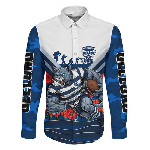 Personalised Geelong Cats ANZAC Family Matching Off Shoulder Maxi Dress and Hawaiian Shirt Military Remembrance Australian Football Mascot Camouflage
