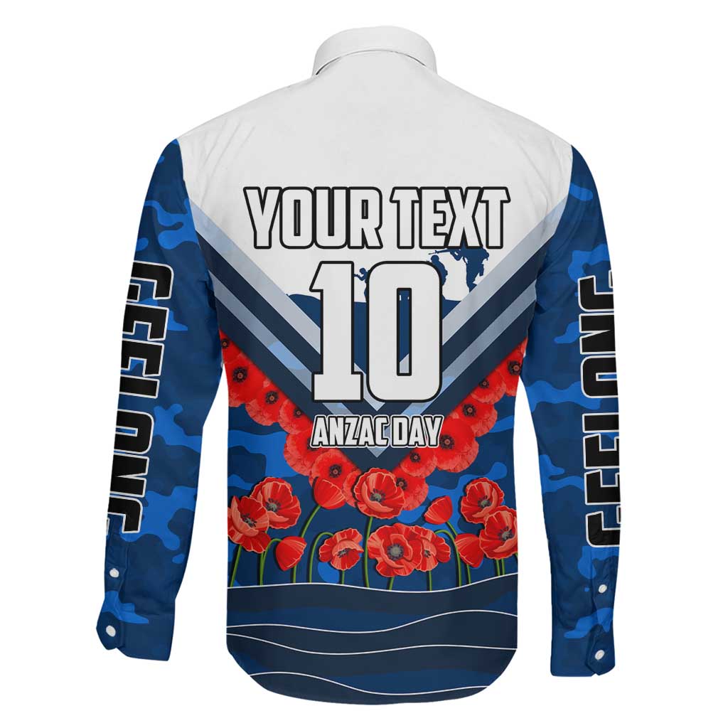Personalised Geelong Cats ANZAC Family Matching Off Shoulder Maxi Dress and Hawaiian Shirt Military Remembrance Australian Football Mascot Camouflage