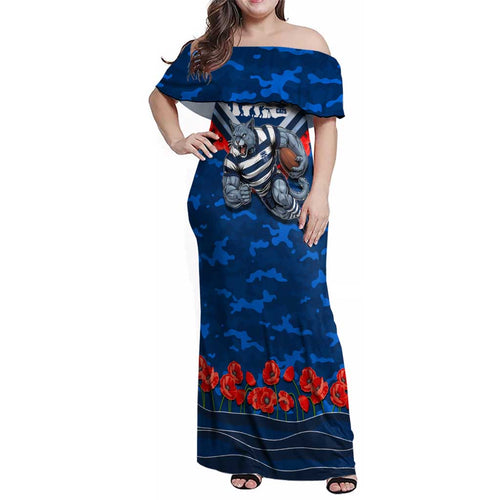 Personalised Geelong Cats ANZAC Family Matching Off Shoulder Maxi Dress and Hawaiian Shirt Military Remembrance Australian Football Mascot Camouflage