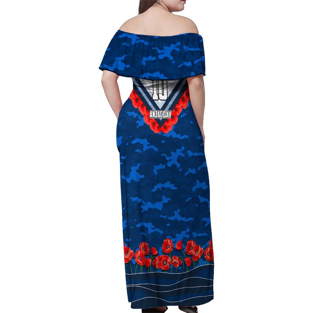 Personalised Geelong Cats ANZAC Family Matching Off Shoulder Maxi Dress and Hawaiian Shirt Military Remembrance Australian Football Mascot Camouflage