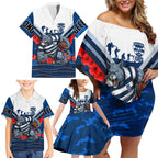 Personalised Geelong Cats ANZAC Family Matching Off Shoulder Short Dress and Hawaiian Shirt Military Remembrance Australian Football Mascot Camouflage