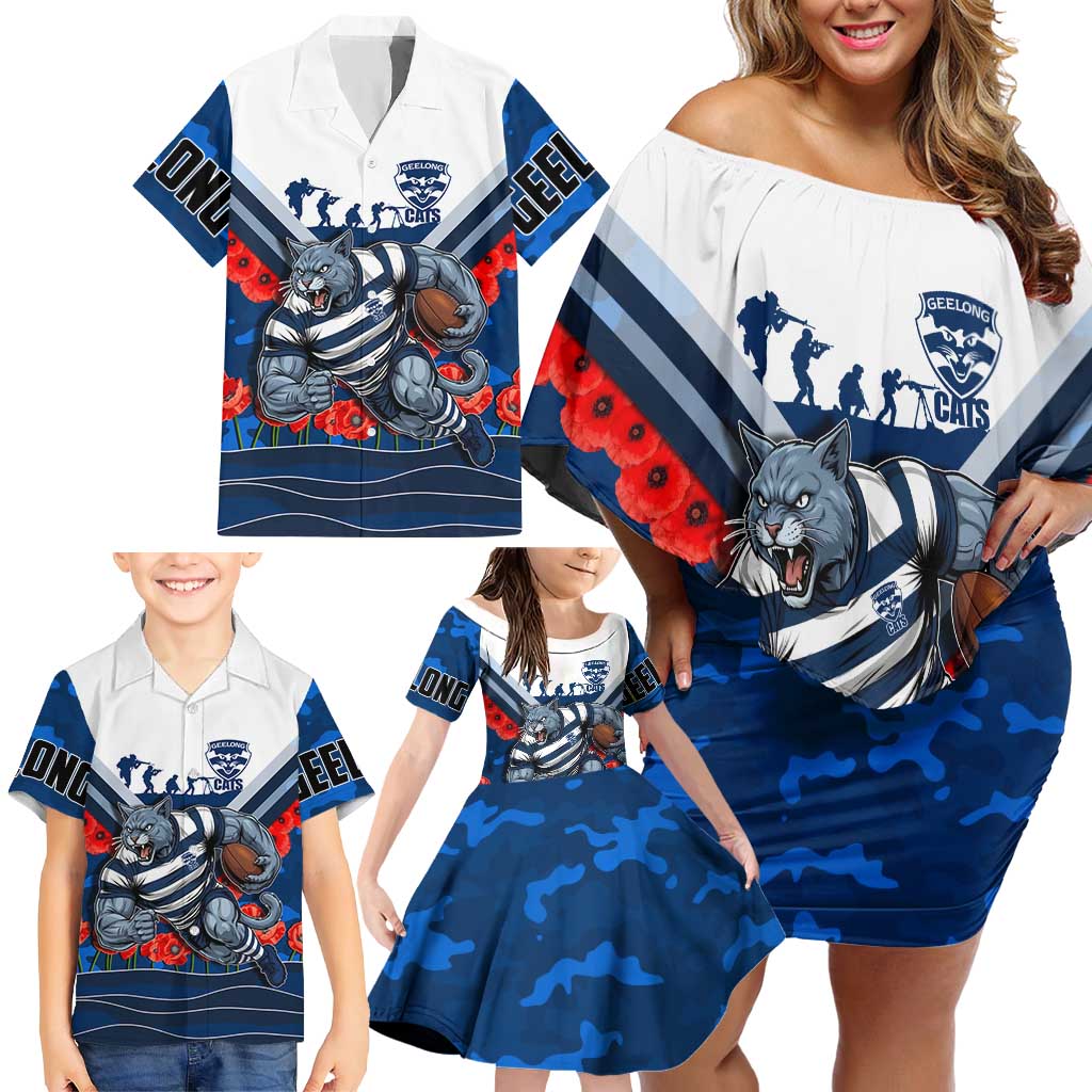 Personalised Geelong Cats ANZAC Family Matching Off Shoulder Short Dress and Hawaiian Shirt Military Remembrance Australian Football Mascot Camouflage