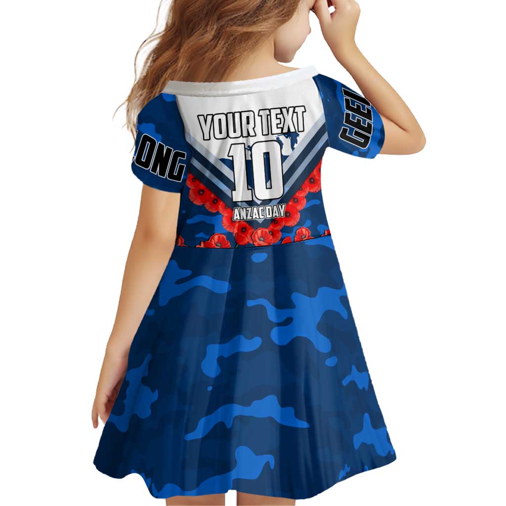 Personalised Geelong Cats ANZAC Family Matching Off Shoulder Short Dress and Hawaiian Shirt Military Remembrance Australian Football Mascot Camouflage