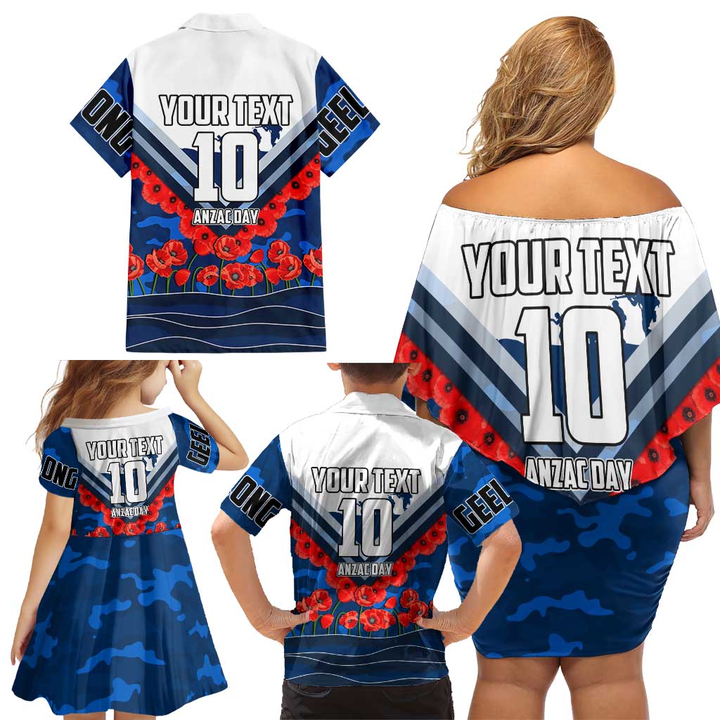 Personalised Geelong Cats ANZAC Family Matching Off Shoulder Short Dress and Hawaiian Shirt Military Remembrance Australian Football Mascot Camouflage