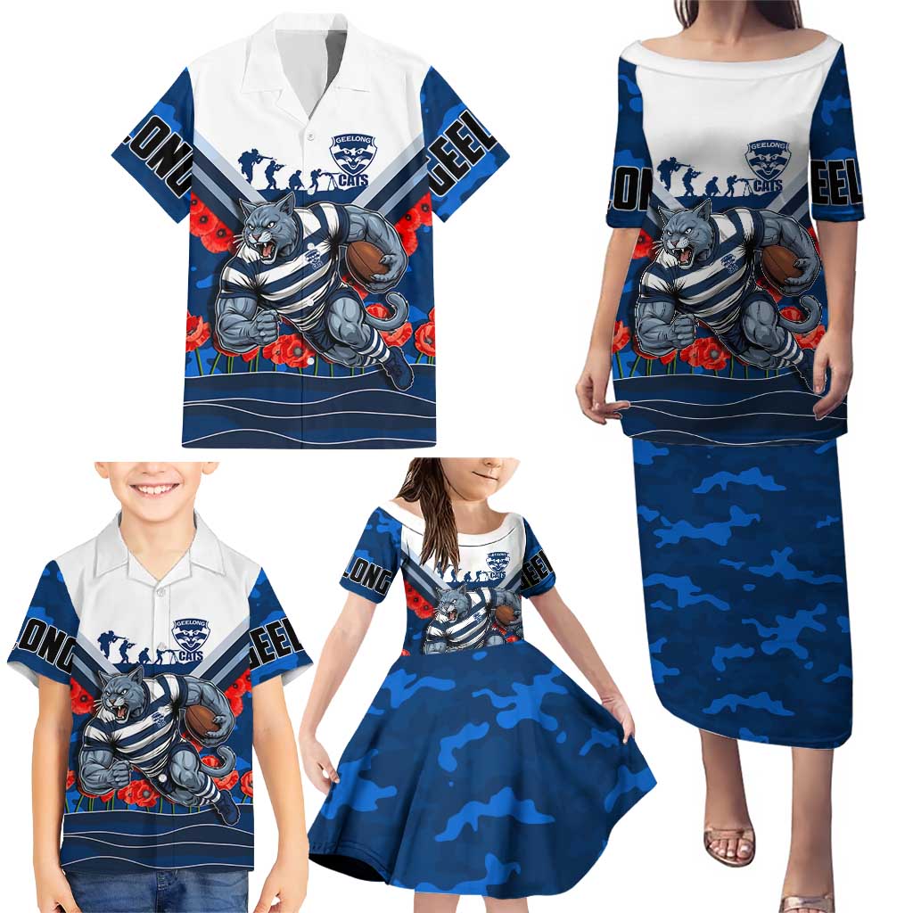 Personalised Geelong Cats ANZAC Family Matching Puletasi and Hawaiian Shirt Military Remembrance Australian Football Mascot Camouflage
