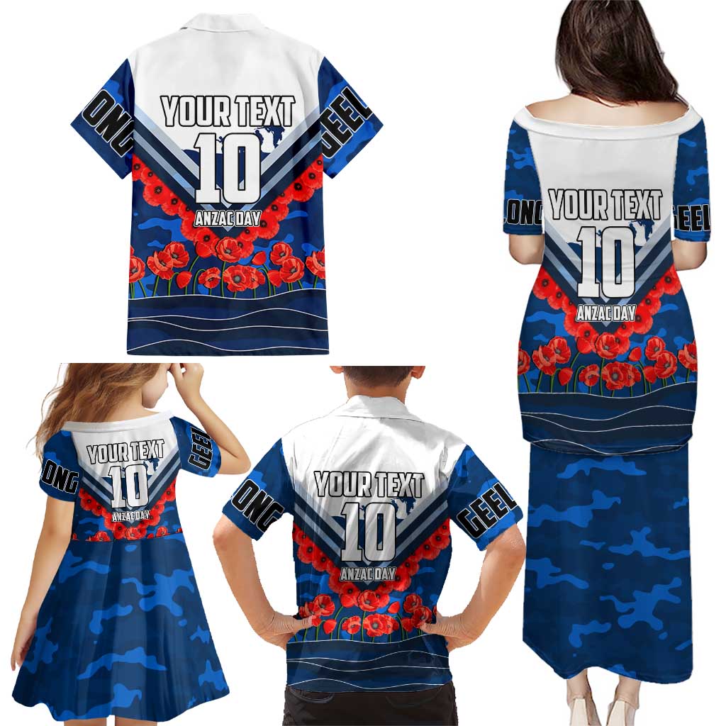 Personalised Geelong Cats ANZAC Family Matching Puletasi and Hawaiian Shirt Military Remembrance Australian Football Mascot Camouflage