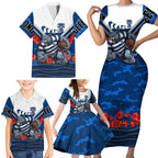 Personalised Geelong Cats ANZAC Family Matching Short Sleeve Bodycon Dress and Hawaiian Shirt Military Remembrance Australian Football Mascot Camouflage