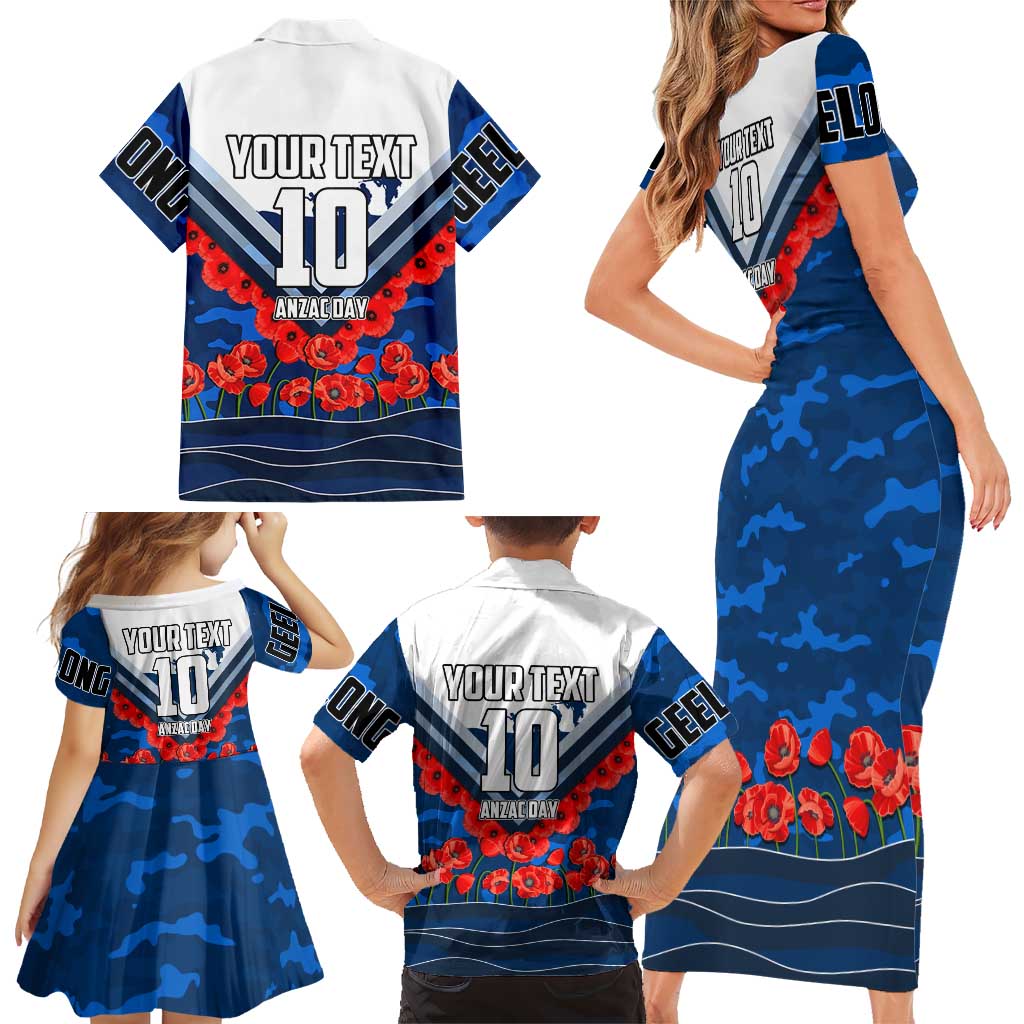Personalised Geelong Cats ANZAC Family Matching Short Sleeve Bodycon Dress and Hawaiian Shirt Military Remembrance Australian Football Mascot Camouflage