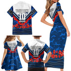 Personalised Geelong Cats ANZAC Family Matching Short Sleeve Bodycon Dress and Hawaiian Shirt Military Remembrance Australian Football Mascot Camouflage