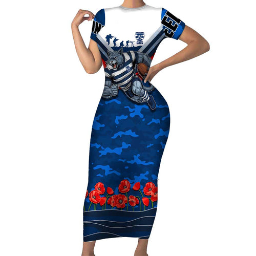 Personalised Geelong Cats ANZAC Family Matching Short Sleeve Bodycon Dress and Hawaiian Shirt Military Remembrance Australian Football Mascot Camouflage