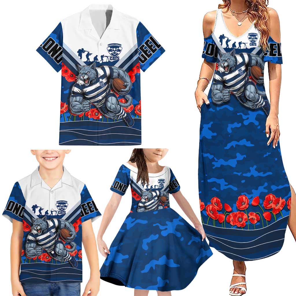 Personalised Geelong Cats ANZAC Family Matching Summer Maxi Dress and Hawaiian Shirt Military Remembrance Australian Football Mascot Camouflage