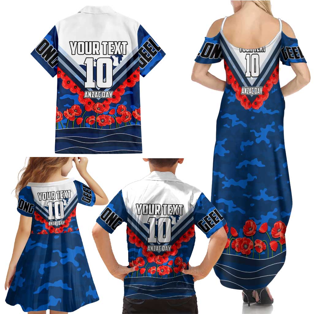 Personalised Geelong Cats ANZAC Family Matching Summer Maxi Dress and Hawaiian Shirt Military Remembrance Australian Football Mascot Camouflage