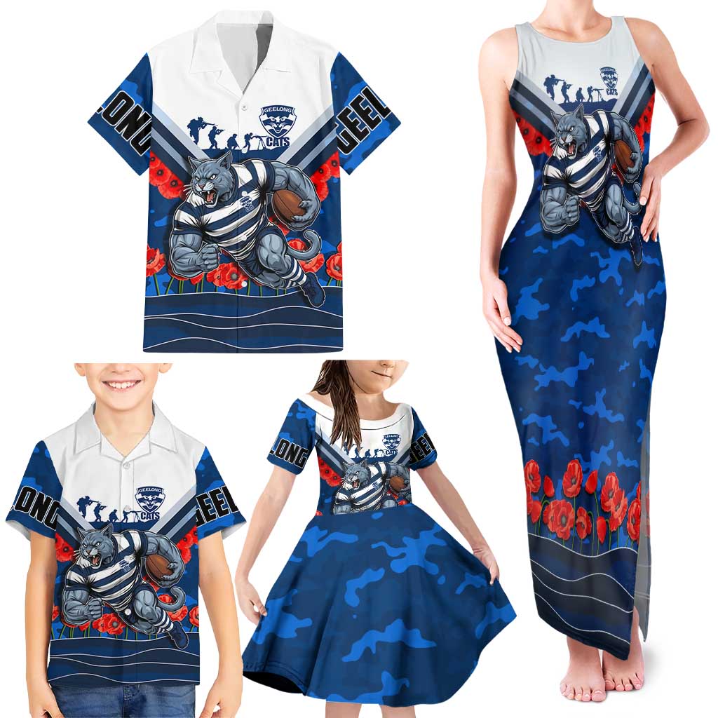 Personalised Geelong Cats ANZAC Family Matching Tank Maxi Dress and Hawaiian Shirt Military Remembrance Australian Football Mascot Camouflage