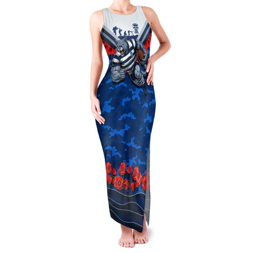 Personalised Geelong Cats ANZAC Family Matching Tank Maxi Dress and Hawaiian Shirt Military Remembrance Australian Football Mascot Camouflage