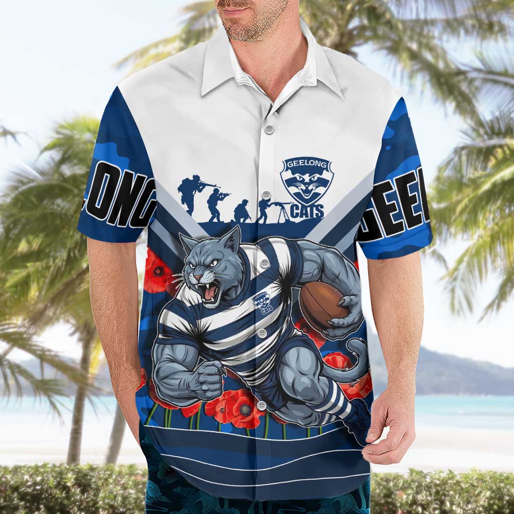 Personalised Geelong Cats ANZAC Hawaiian Shirt Military Remembrance Australian Football Mascot Camouflage