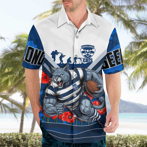 Personalised Geelong Cats ANZAC Hawaiian Shirt Military Remembrance Australian Football Mascot Camouflage