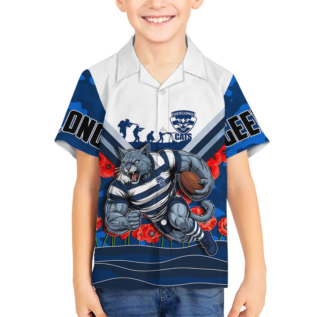 Personalised Geelong Cats ANZAC Hawaiian Shirt Military Remembrance Australian Football Mascot Camouflage