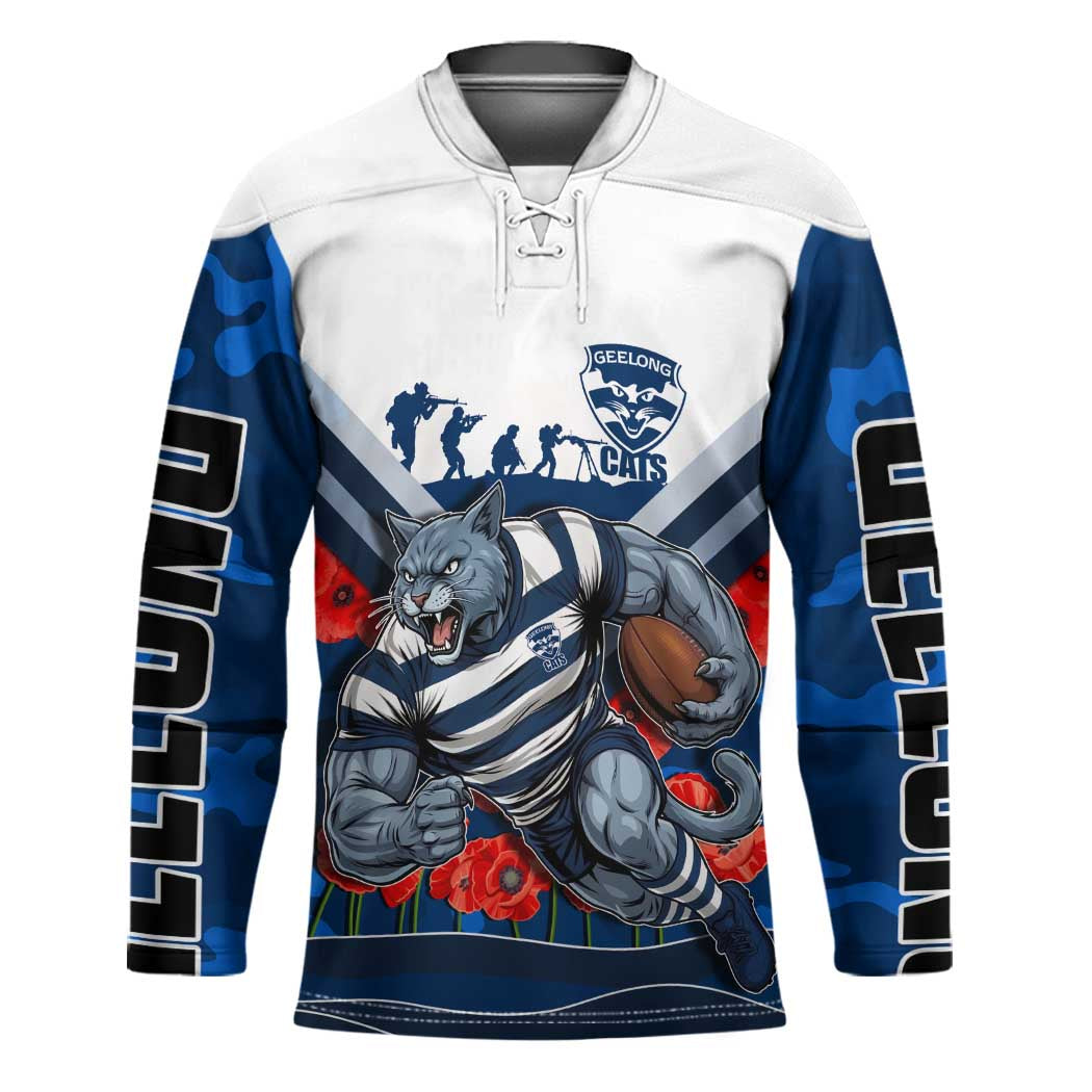 Personalised Geelong Cats ANZAC Hockey Jersey Military Remembrance Australian Football Mascot Camouflage