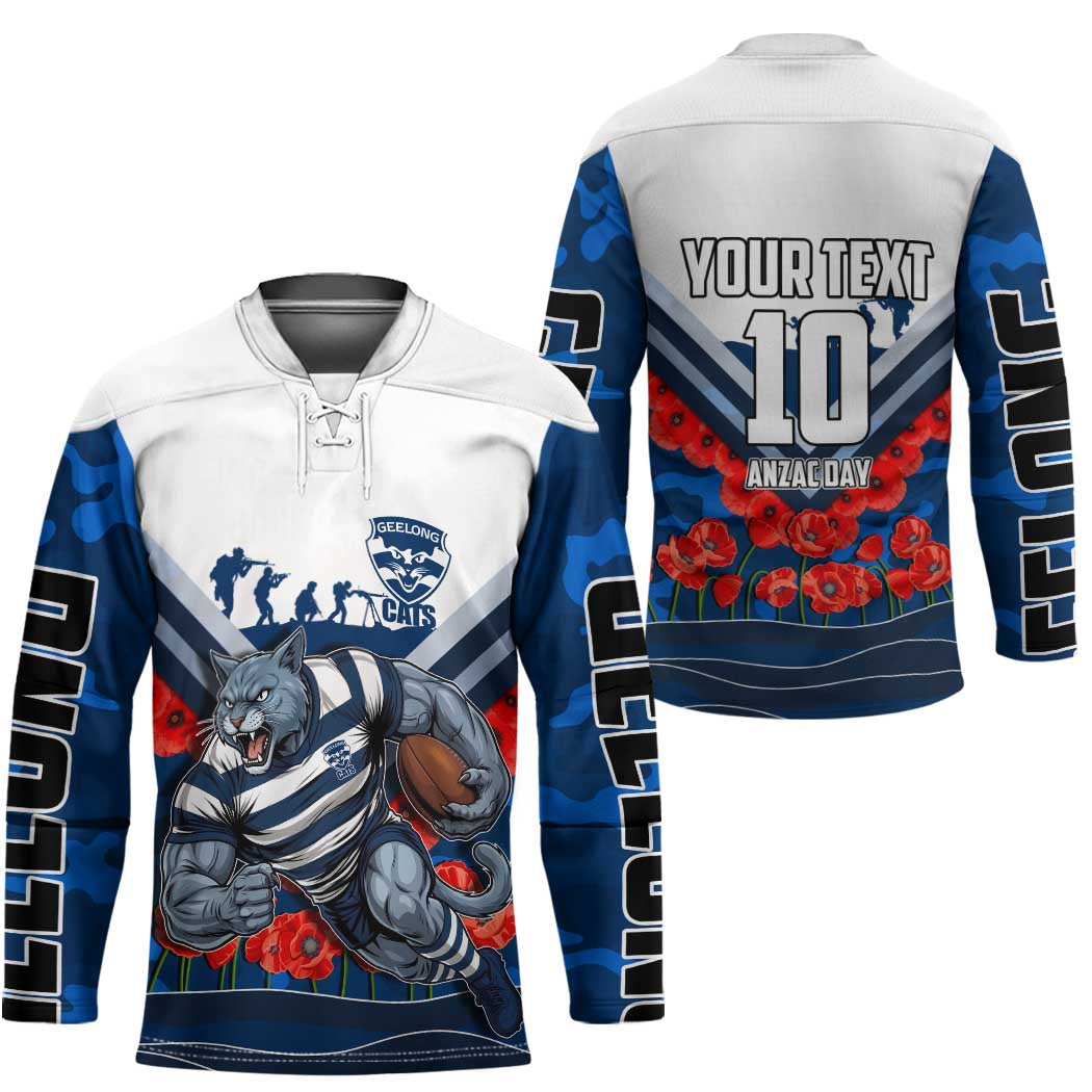 Personalised Geelong Cats ANZAC Hockey Jersey Military Remembrance Australian Football Mascot Camouflage