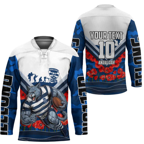 Personalised Geelong Cats ANZAC Hockey Jersey Military Remembrance Australian Football Mascot Camouflage