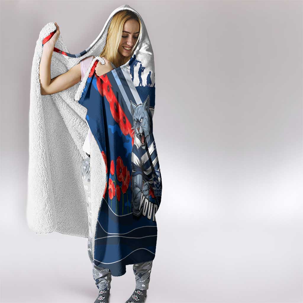 Personalised Geelong Cats ANZAC Hooded Blanket Military Remembrance Australian Football Mascot Camouflage