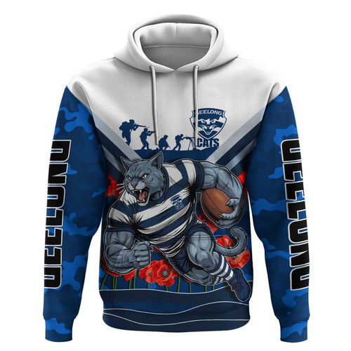 Personalised Geelong Cats ANZAC Hoodie Military Remembrance Australian Football Mascot Camouflage