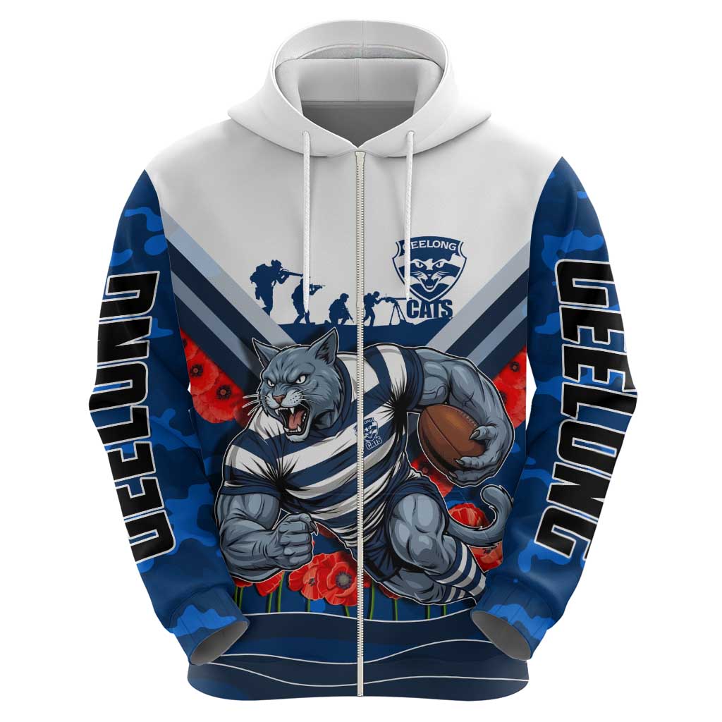 Personalised Geelong Cats ANZAC Hoodie Military Remembrance Australian Football Mascot Camouflage