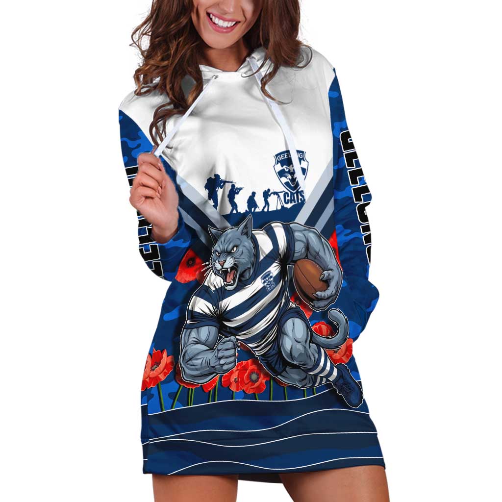 Personalised Geelong Cats ANZAC Hoodie Dress Military Remembrance Australian Football Mascot Camouflage