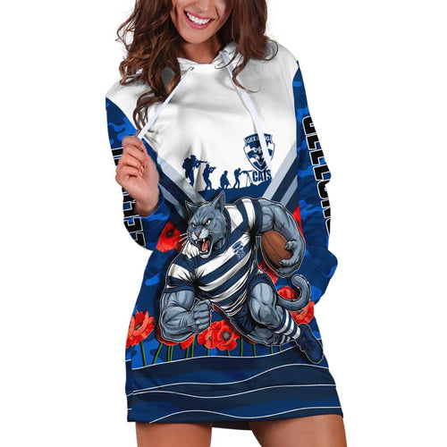 Personalised Geelong Cats ANZAC Hoodie Dress Military Remembrance Australian Football Mascot Camouflage