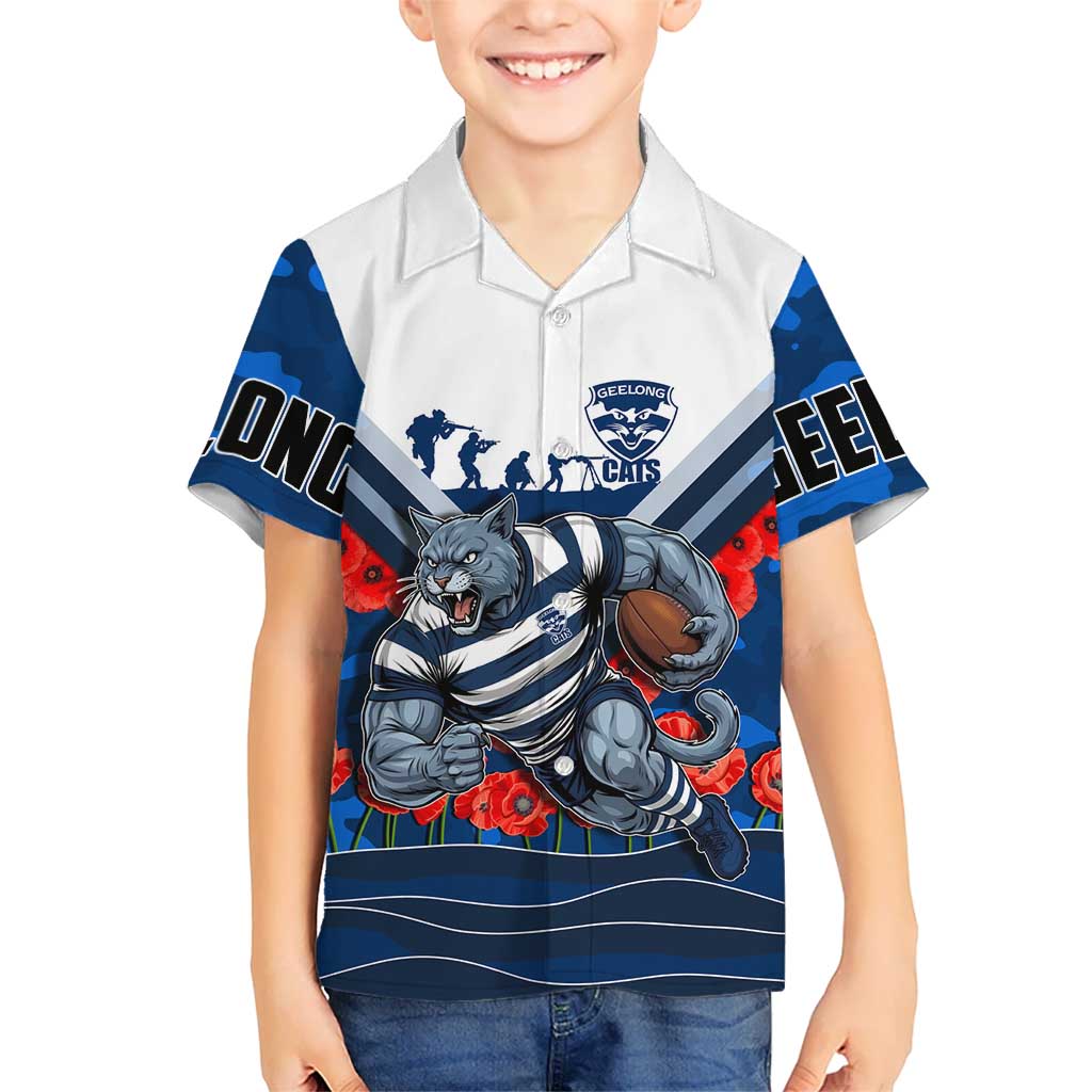 Personalised Geelong Cats ANZAC Kid Hawaiian Shirt Military Remembrance Australian Football Mascot Camouflage