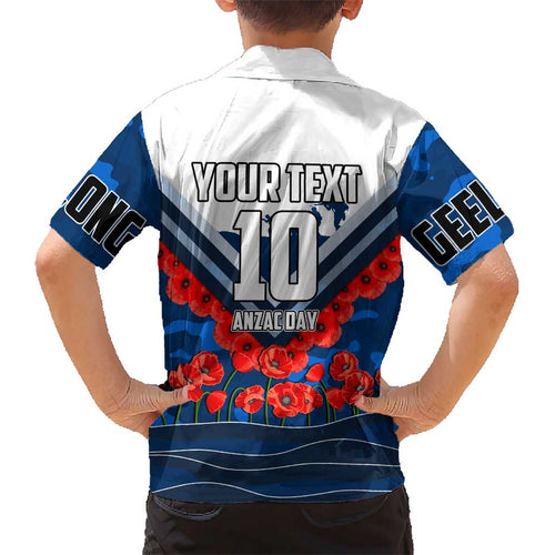 Personalised Geelong Cats ANZAC Kid Hawaiian Shirt Military Remembrance Australian Football Mascot Camouflage