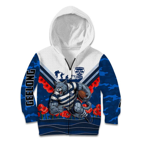Personalised Geelong Cats ANZAC Kid Hoodie Military Remembrance Australian Football Mascot Camouflage