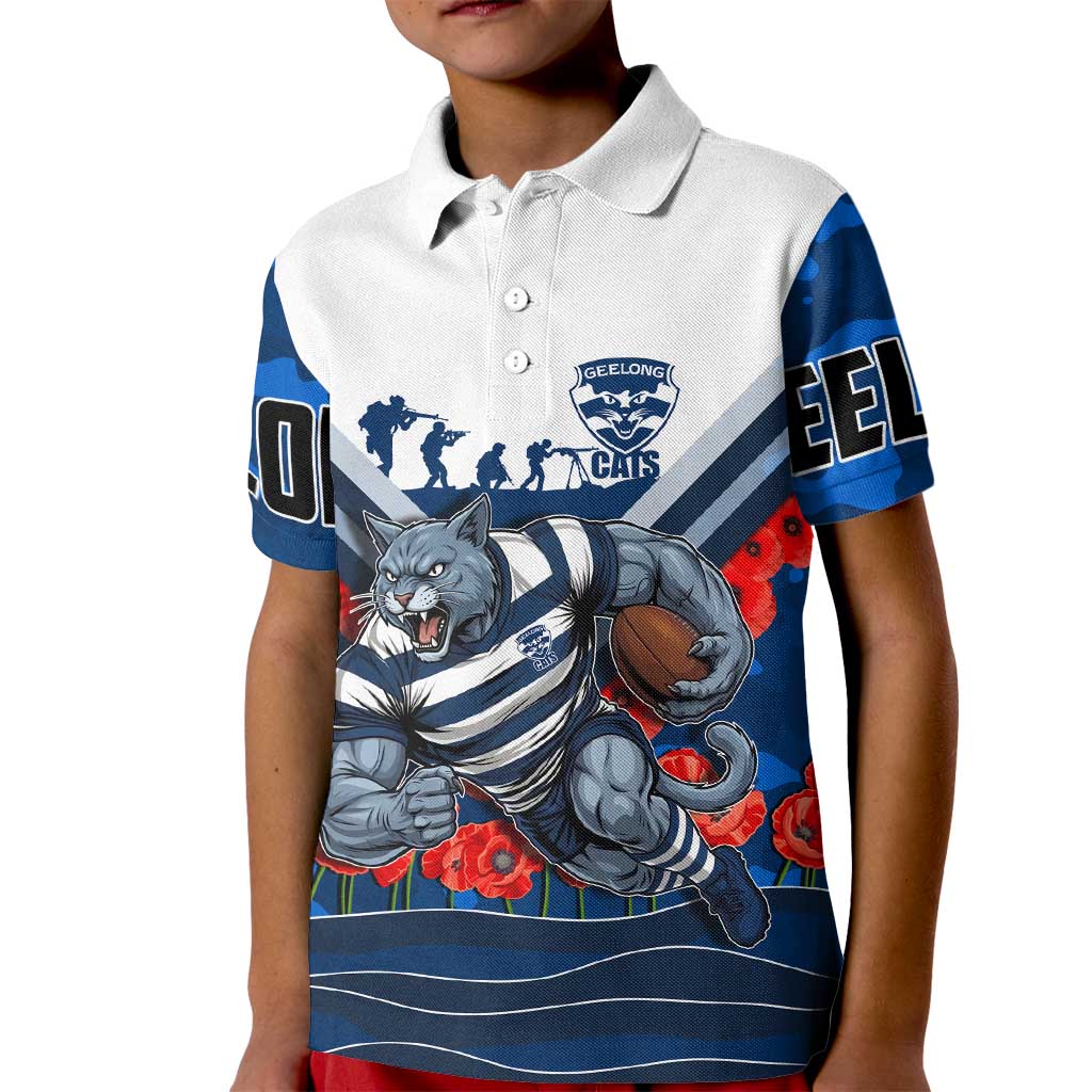 Personalised Geelong Cats ANZAC Kid Polo Shirt Military Remembrance Australian Football Mascot Camouflage
